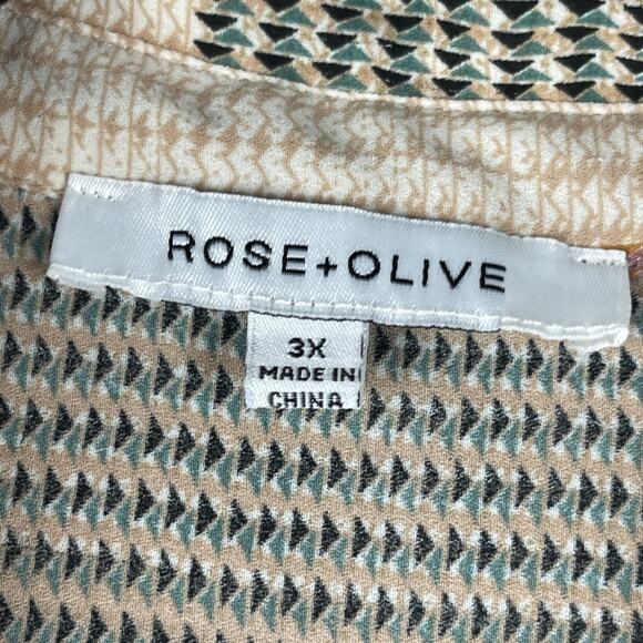 Rose Olive Tunic Top Woman 3X Button Up Geometric 3/4 Sleeve Lightweight - Picture 5 of 14
